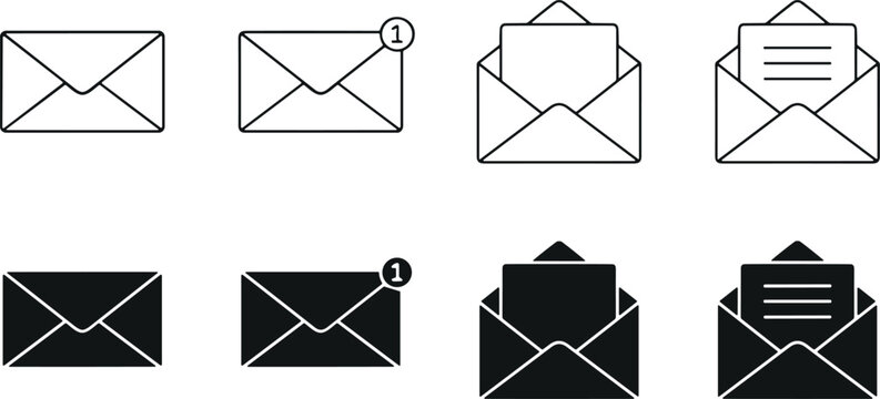 Envelope mail icon vector set with open closed notification and letter message web user interface line graphics.