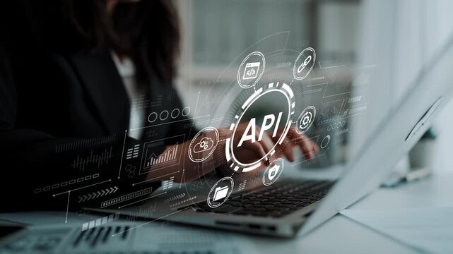 Business professional engaging with digital API interfaces on laptop while working in a modern office environment showcasing technology and innovation. Entropy.