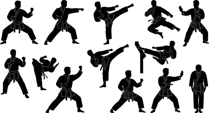 Martial Arts Karate and Taekwondo Fighter Silhouette Vector Icon Set for Combat Sports Training Schools, Tournament Posters, and Fitness Club Graphic Designs