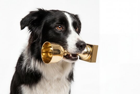 Border Collie Dog Holding Golden Champion Trophy Cup