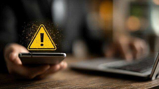 Businessperson receives malware warning on smartphone and laptop illustrating phishing detection cybersecurity risk management spam alerts and online protection awareness