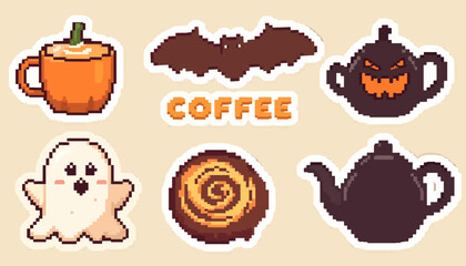 Fototapeta premium Pixel Art Halloween Coffee Vector Sticker Pack with Pumpkin Latte
