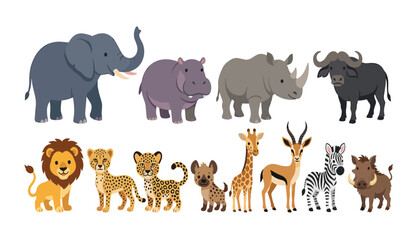 African safari wild animals cartoon vector collection. Cute elephant, hippopotamus, rhinoceros, buffalo, lion, cheetah, leopard, hyena, giraffe, gazelle, zebra and warthog. © Creative Studio 