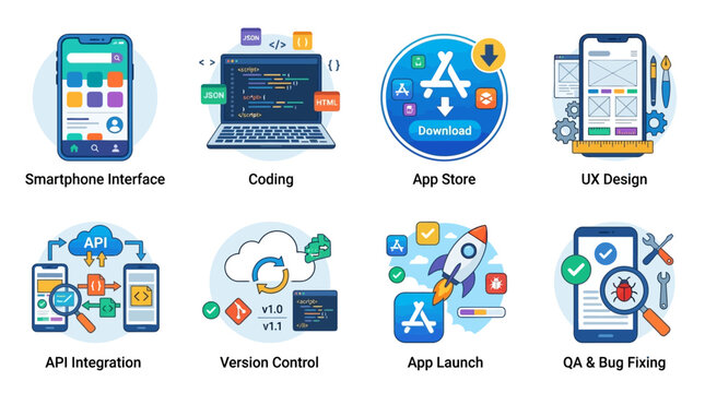 Mobile app development process with coding and design on devices
