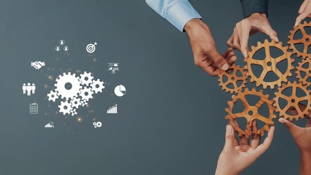 Conceptual representation of collaboration in business with hands holding gears surrounded by icons for analytics, teamwork, and strategic planning. Raster