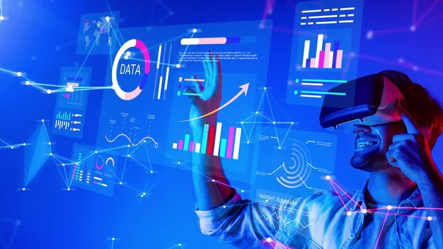 Young man using virtual reality headset to interact with futuristic data visualizations and graphs in a digital space for innovative technology concepts Gluon.