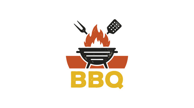 Minimalist barbecue logo featuring a flaming charcoal grill with cooking utensils and bold yellow lettering