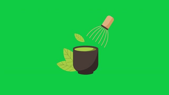 Animated Seamless Loop of Whisking Matcha Green Tea with Flying Leaves, 2D Vector Art on Green Screen