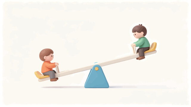 Two Adorable 3D Animated Children Playing on a Seesaw in Soft Pastel Tones with Minimalist White Background and Joyful Mood