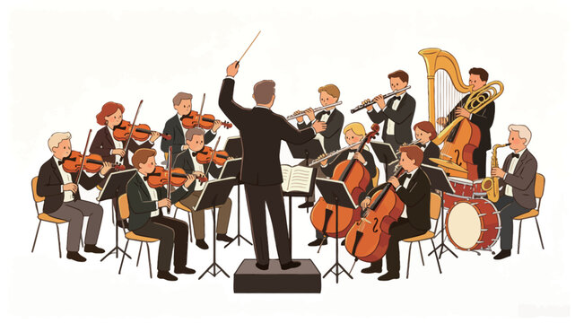Vibrant Vector Illustration of an Orchestra Performance with Musicians Playing Strings, Woodwinds, Brass, and Percussion under Energetic Conductor