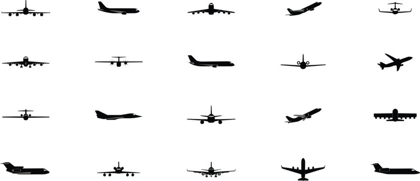 Airplane silhouette icon set featuring commercial jet airliners military cargo planes passenger aircraft private jets and aviation transport flight vehicle symbols