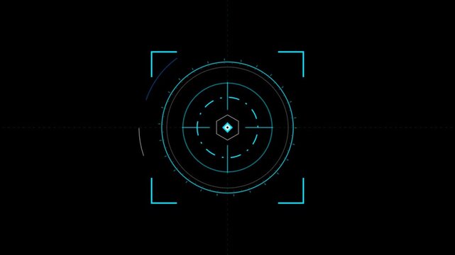 Futuristic blue HUD target interface with crosshair animation on black.