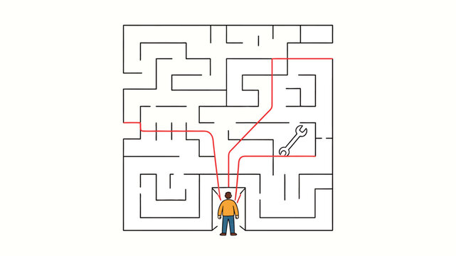 Detailed black and white labyrinth puzzle with red solution path lines, a character standing at the maze entrance and a wrench icon representing the objective to be found.