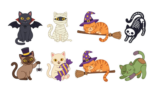 Cute cartoon Halloween cat vector sticker illustration collection. Featuring vampire felines, mummy kittens, witch broomstick riders, skeleton suits and zombie pets.