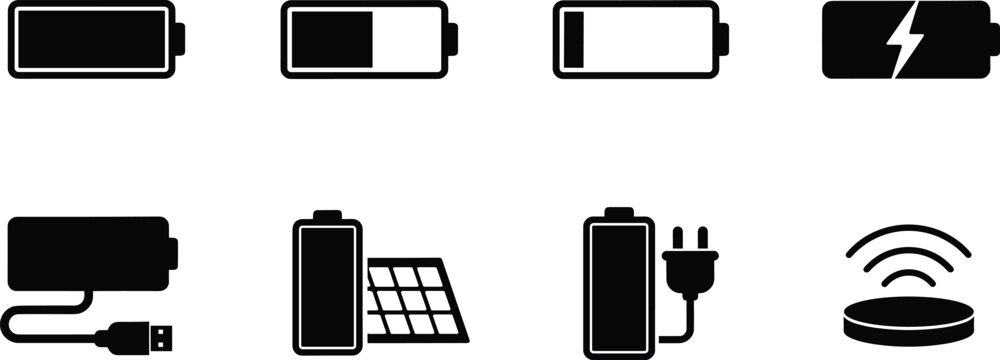 Battery charging and power indicator icon set featuring full low battery status lightning bolt usb cable solar panel plug and wireless charger symbols