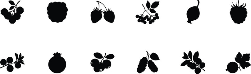 Berry silhouette vector icon set featuring strawberry blackberry raspberry currant cranberry blueberry gooseberry mulberry and wild forest fruit plant symbols © Ms