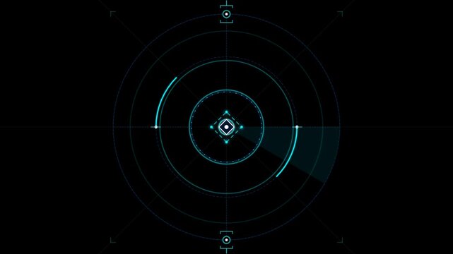 Futuristic digital radar screen scanning target on black background.