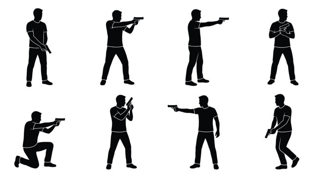 Black silhouette collection of male figures holding handguns in various tactical shooting stances and poses