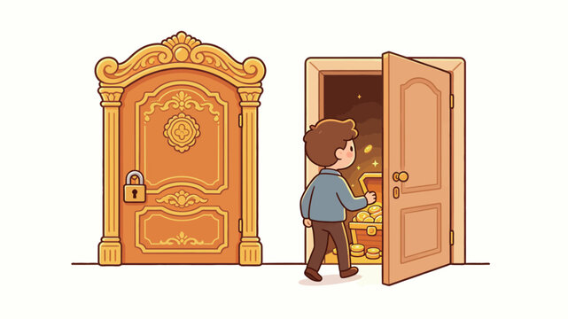 Charming cartoon-style illustration of a young boy discovering a treasure chest filled with golden coins through a simple wooden doorway, contrasted against an ornate closed door