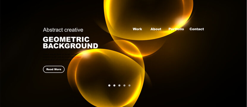 Dark backdrop features glowing orange shapes. Text includes geometric background, navigation options, plus button for more info.