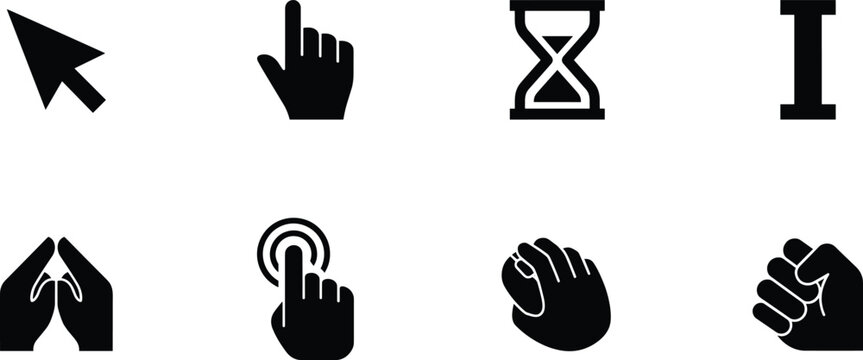 Computer mouse cursor and hand pointer silhouette vector icon set featuring arrow click hourglass text beam grab fist and touch screen UI symbols