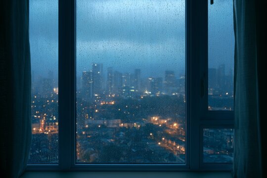 High-rise apartment window overlooking rainy city skyline
