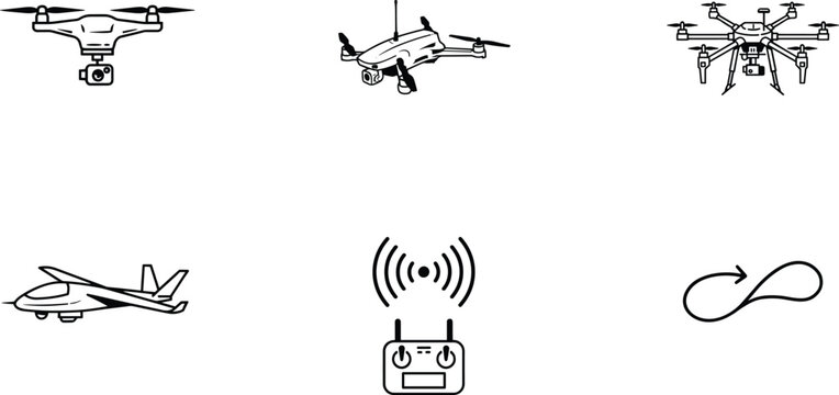 Drone and UAV line art icon set featuring quadcopter hexacopter fixed wing drone remote controller and flight path symbols for aerial photography technology