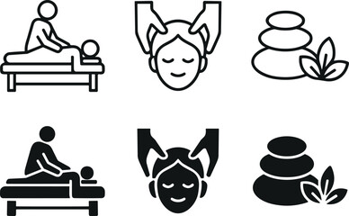 Spa and massage vector icons set featuring body treatment head massage hot stones and relaxation symbols