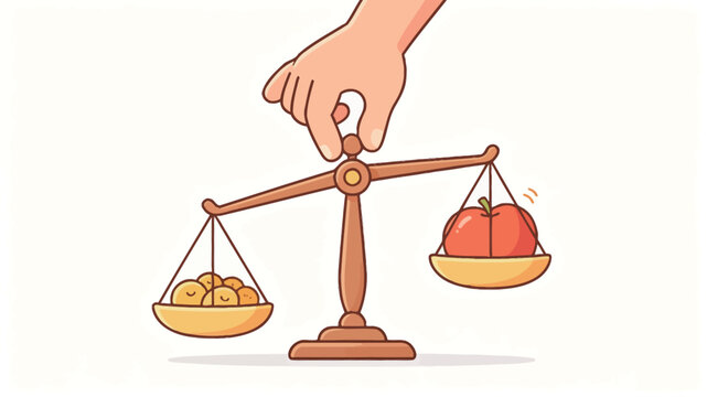 Colorful Illustration of Balance, Choices, and Priorities Featuring a Hand on a Scale Comparing Apples and Coins