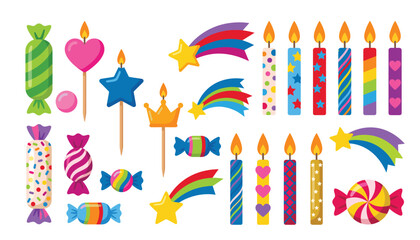 Colorful birthday candle and wrapped candy vector illustration collection. Featuring patterned party candles, burning flames, shooting stars, sweet confectioneries and festive celebration toppers. © Creative Studio 
