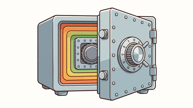 Open Safe Revealing Layered Rainbow Interiors with Retro Metallic Dial Lock and Riveted Steel Door Vector Illustration