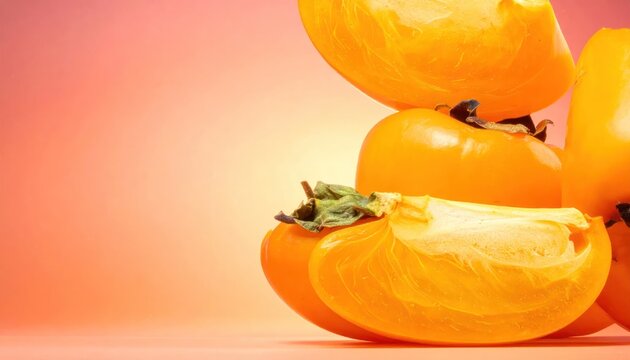 Fresh Ripe Persimmons Stacked and Sliced on a Soft Orange Background.