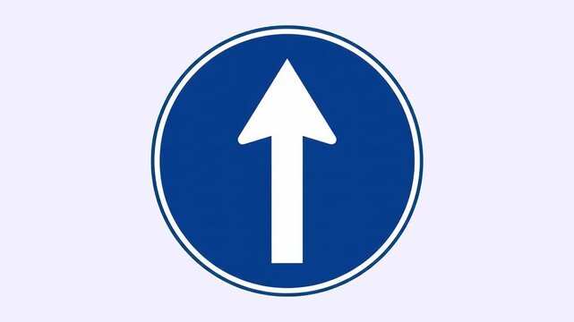 Circular blue and white traffic sign indicating mandatory straight ahead movement floating against a bright light backdrop. Suitable for educational driving videos, urban transport promos, navigation 