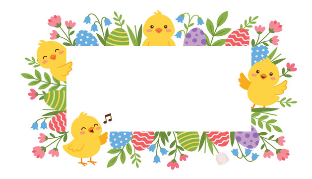 Cute Easter chick and floral border vector frame template. Featuring yellow baby birds, colorful patterned eggs, spring blossoms, green leaves and a blank copy space text box.