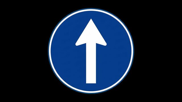 Circular blue mandatory traffic sign featuring a white arrow pointing straight ahead, floating against a solid black backdrop. Great for navigation overlays, traffic rule presentations, driving school