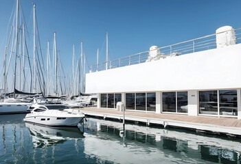 Fototapeta premium Modern yacht docked at marina with white building