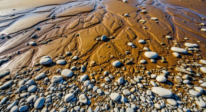 Dry rocky riverbanks reveal smooth stones and silt after the water levels receded during a dry season, showing the natural shoreline texture, falling, natural, bank