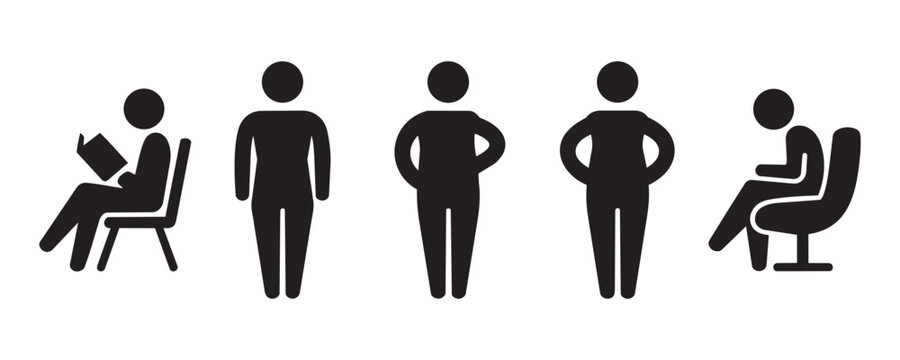 Set of various black silhouettes representing human figures in standing and sitting poses reading books or relaxing in chairs on simple transparent backdrop area.