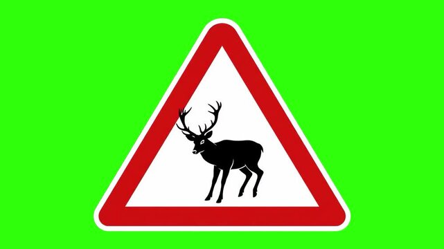 A high-quality digital vector-style animation of a triangular deer crossing warning road sign. Isolated against a chroma key green screen background, perfect for driving tutorials, road safety present
