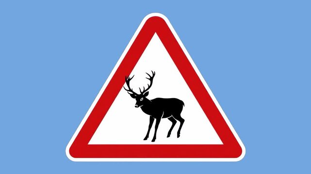 A crisp triangular traffic warning sign alerting drivers to deer and wild animal crossings, displaying a red border and a black stag silhouette. Suspended against a vivid blue screen backdrop for comm