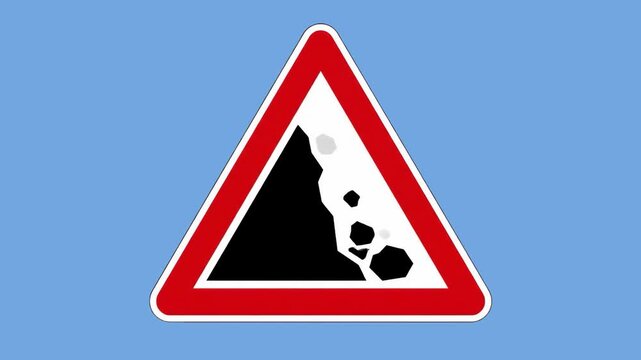 A triangular warning road sign featuring a falling rocks and landslide symbol with a red border on a clear sky background. Great for mountain road safety campaigns, driver hazard awareness guides, tra