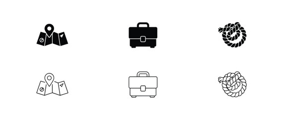 Six black and white featuring a map with a location pin, a briefcase, and a coiled rope navigation travel © Sabbir