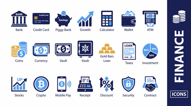 Finance icons, business symbols, banking illustrations, 25 vector graphics
