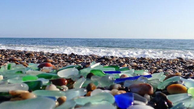 Sea glass, Pieces of sea glass isolated on white background, Green pieces of glass polished by the sea closeup background. A pile of natural beach glass, Multi colored pieces of polished glass. Colore