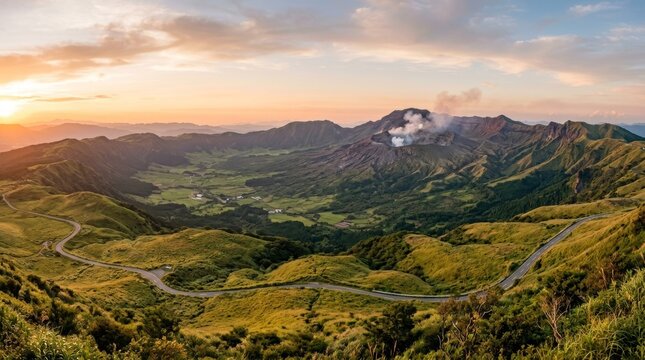 Japan - Bird Eye View of Aso Caldera Grassland Panorama