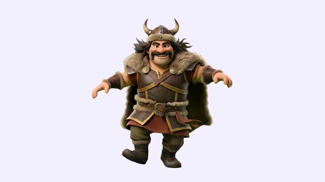 A powerful 3D cartoon Attila the Hun in warrior fur armor and a horned helmet energetically dancing, isolated on a clean white background. Perfect for history animations, mobile game mascot assets, fu