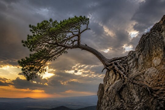 A lone tree growing at an angle from a cliff edge, dramatic sky background.