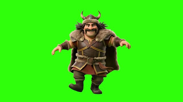 A high-quality 3D rendering of the historical barbarian leader Attila the Hun executing a cheerful dance routine in full warrior attire. Isolated against a chroma key green screen backdrop for seamles