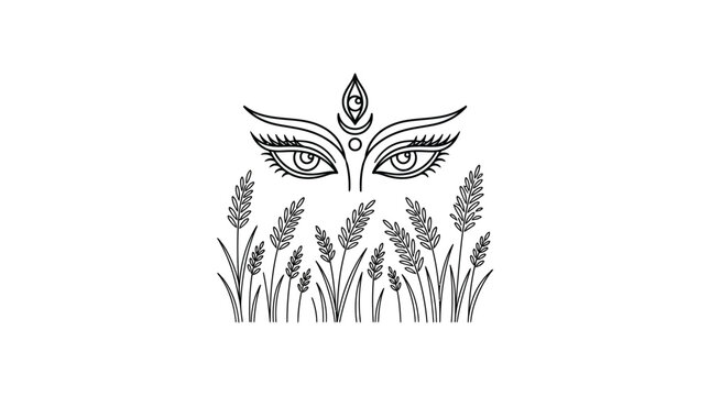 Line art illustration of Goddess Durga eyes with Kash flowers.