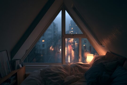 Attic bedroom with dormer window over rainy city street